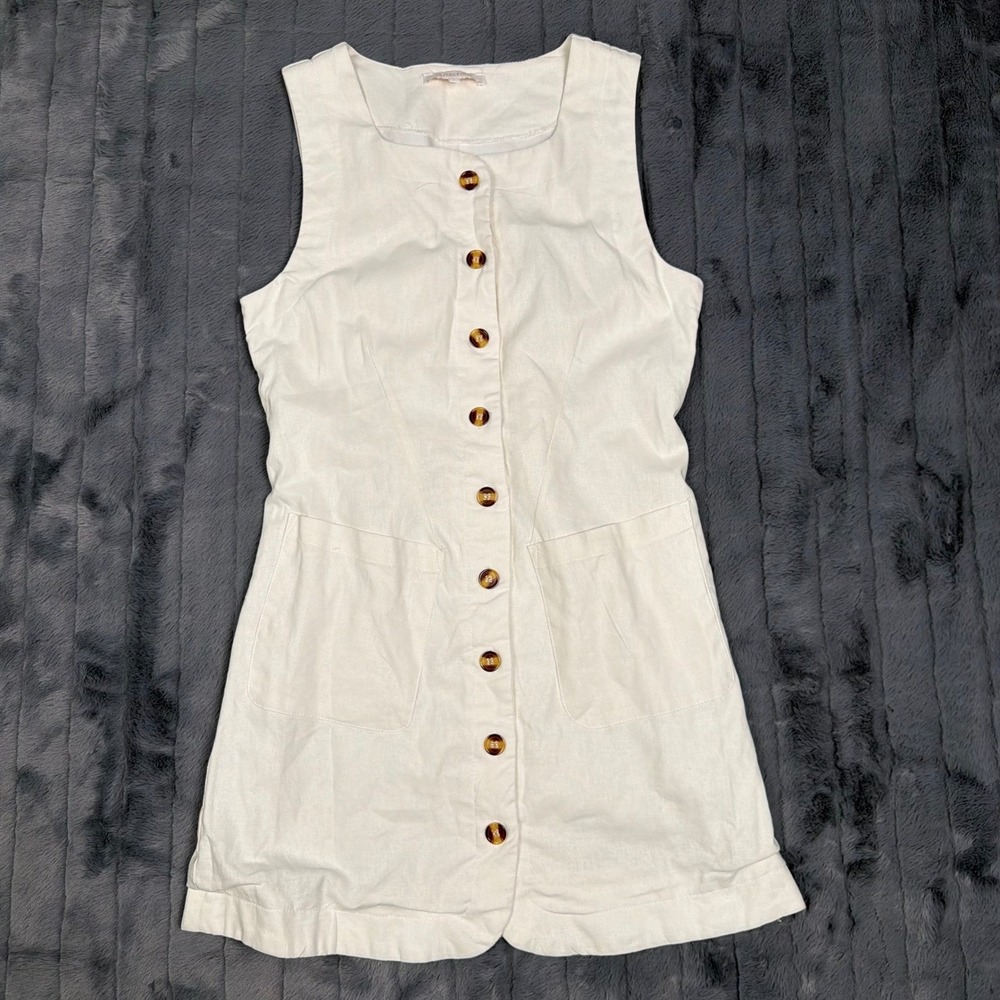 Olivaceous Linen Blend Button Front Mini Dress Cream Sleeveless Pocket Small